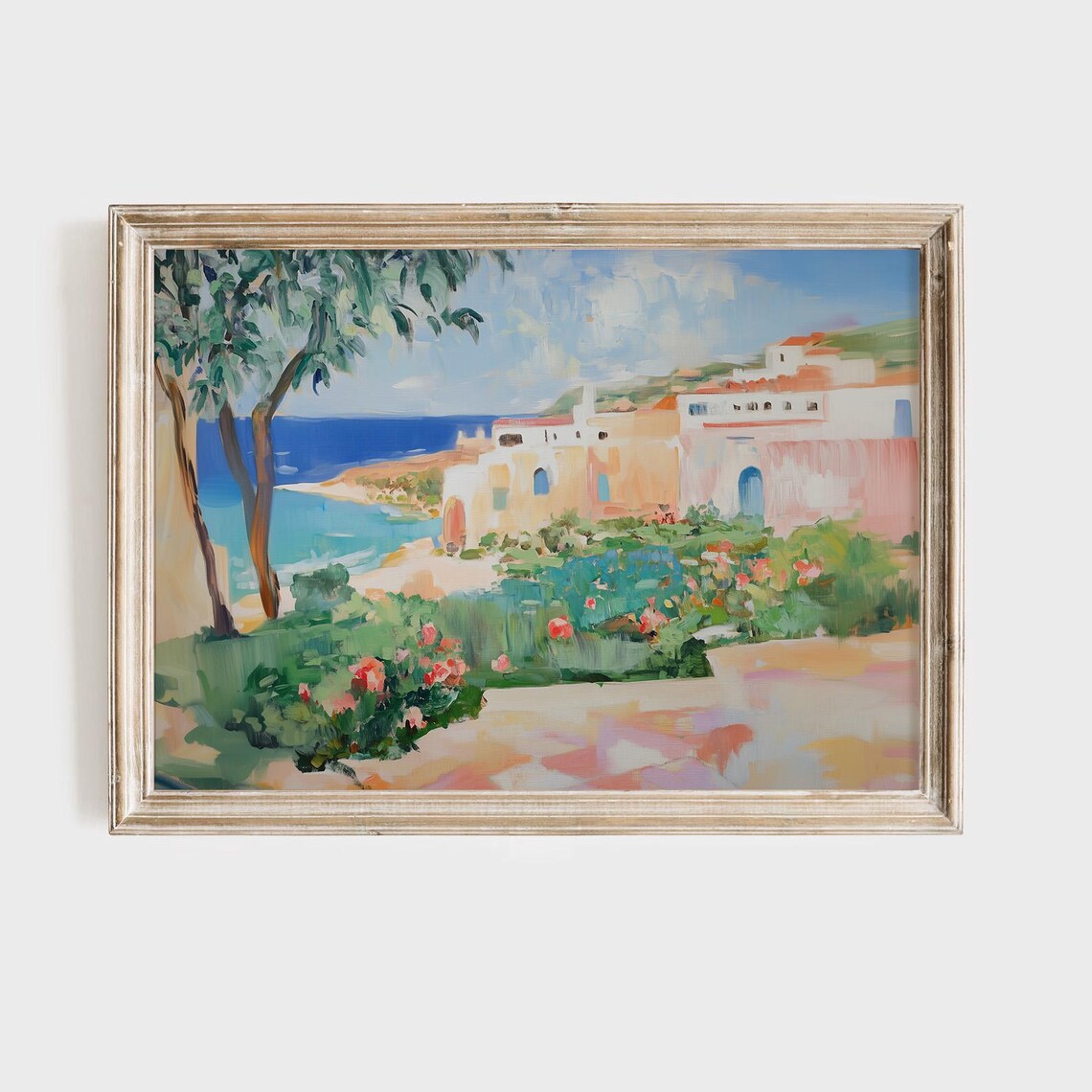 Mediterranean Coastal Village White Houses Seaside Painting Poster