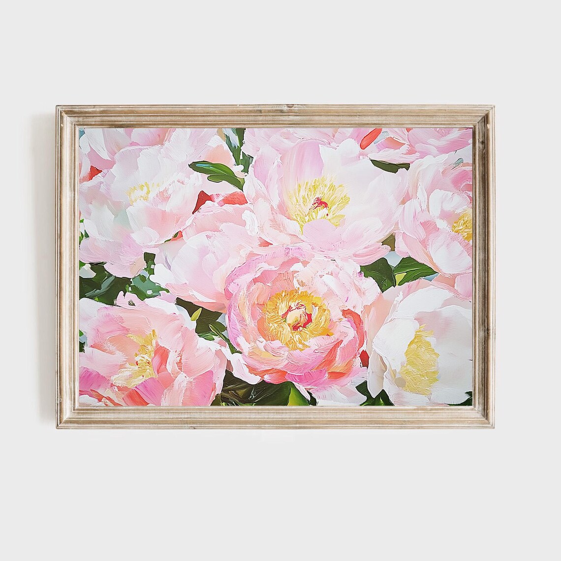 Pink Peony Blooms Close Up Romantic Floral Oil Painting Wall Art