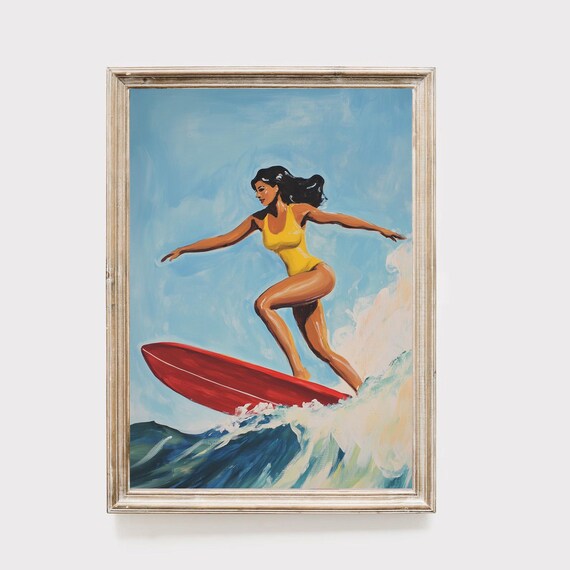 Retro Surf Girl Art Print Vintage Beach Wall Decor Surfer Woman Painting Ocean Wave Artwork Yellow Swimsuit Red Surfboard