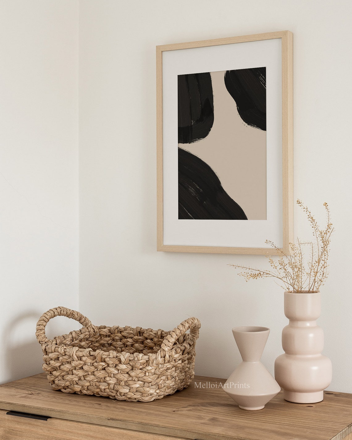 Bold Black Brush Stroke Abstract Art Beige Modern Contrast Poster - Image 2