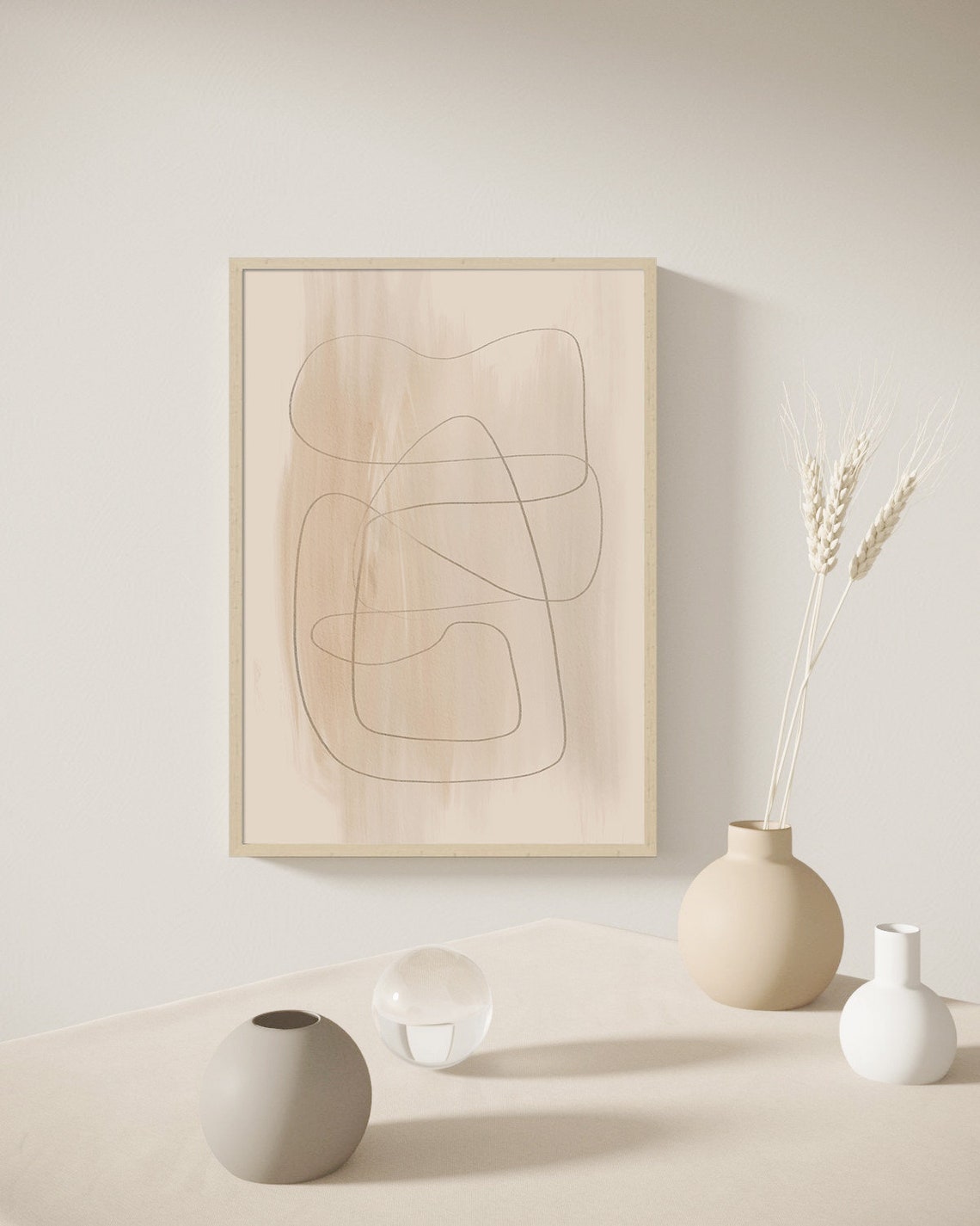 Single Line Abstract Scribble Beige Watercolor Minimalist Poster Art - Image 2