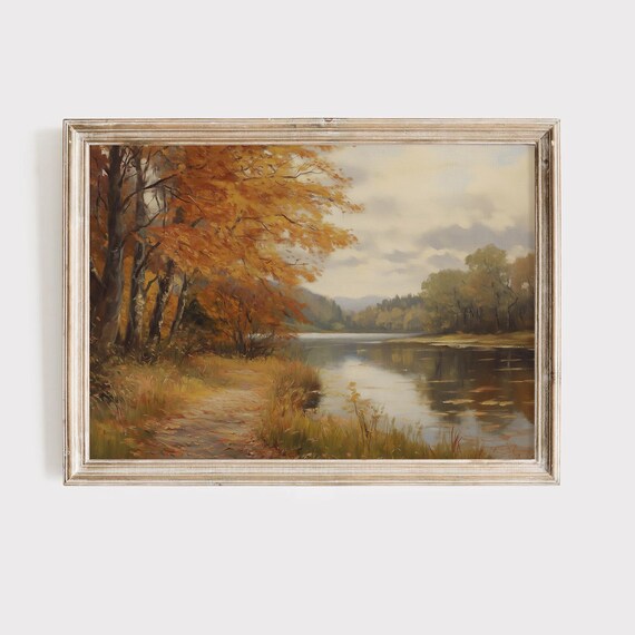 Serene Autumn Lake Path Golden Foliage Forest Landscape Poster