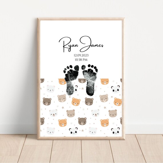 Personalised Baby Footprint Birth Print Teddy Bear Nursery Wall Poster