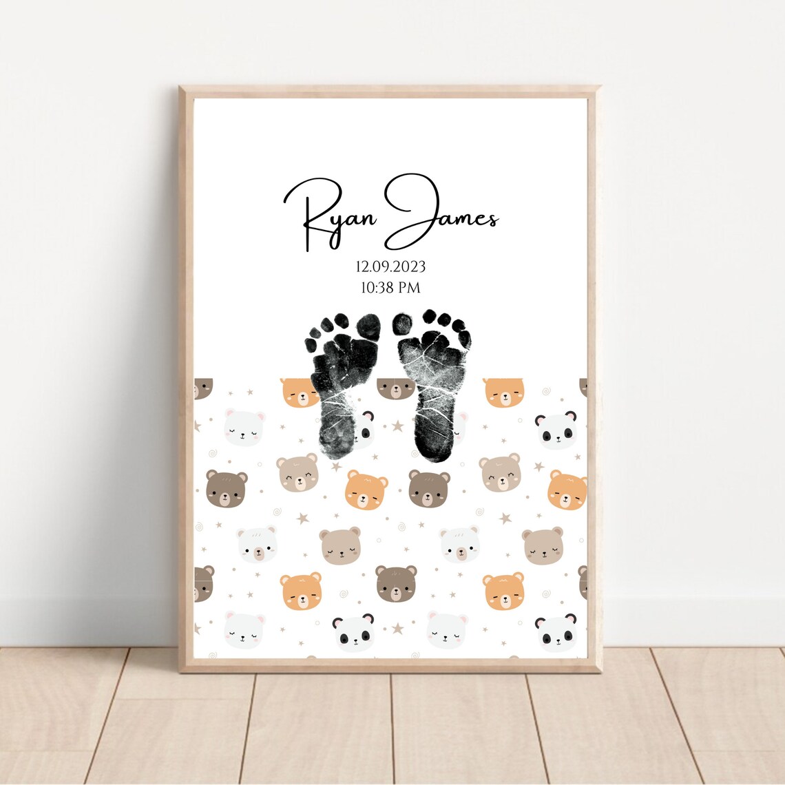 Personalised Baby Footprint Birth Print Teddy Bear Nursery Wall Poster