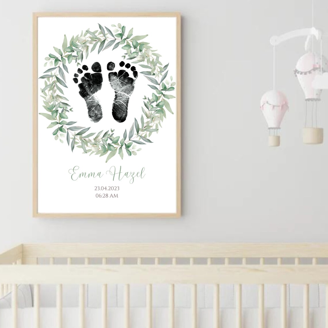 Custom Watercolor Sage Wreath Newborn Footprint Art Print - Image 2