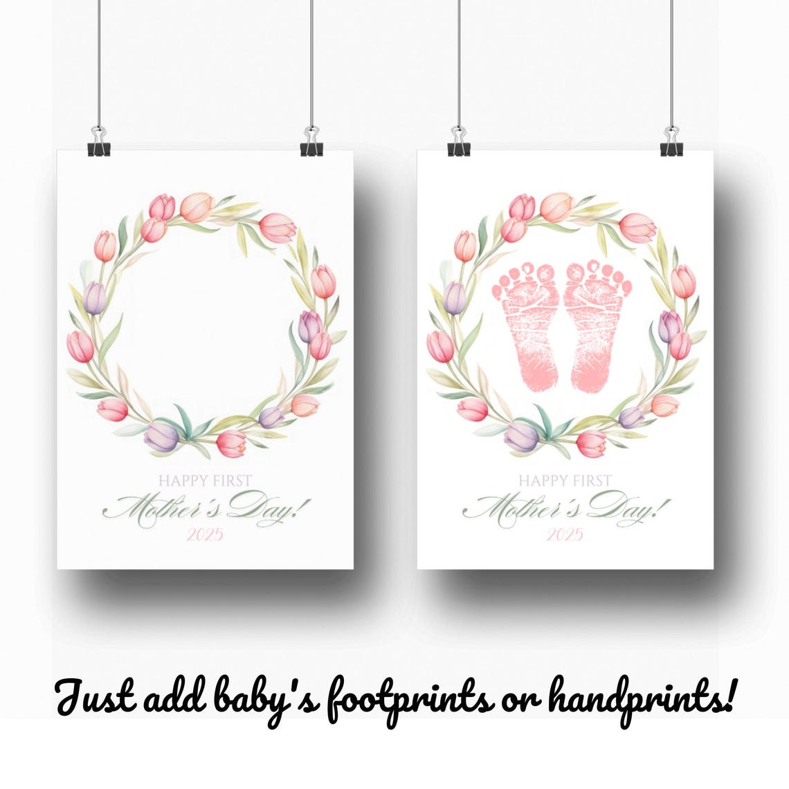 Baby Footprint First Mother's Day Pink Tulip Wreath Keepsake Poster - Image 3
