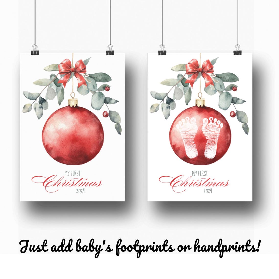 My First Christmas Red Ornament Baby Footprint Eucalyptus Bow Keepsake - Image 3