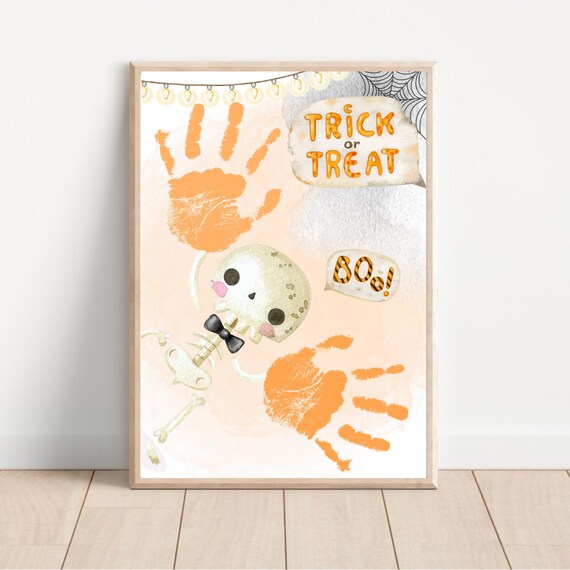 Trick or Treat Boo Baby Handprint Skeleton Bow Tie Halloween Art Poster