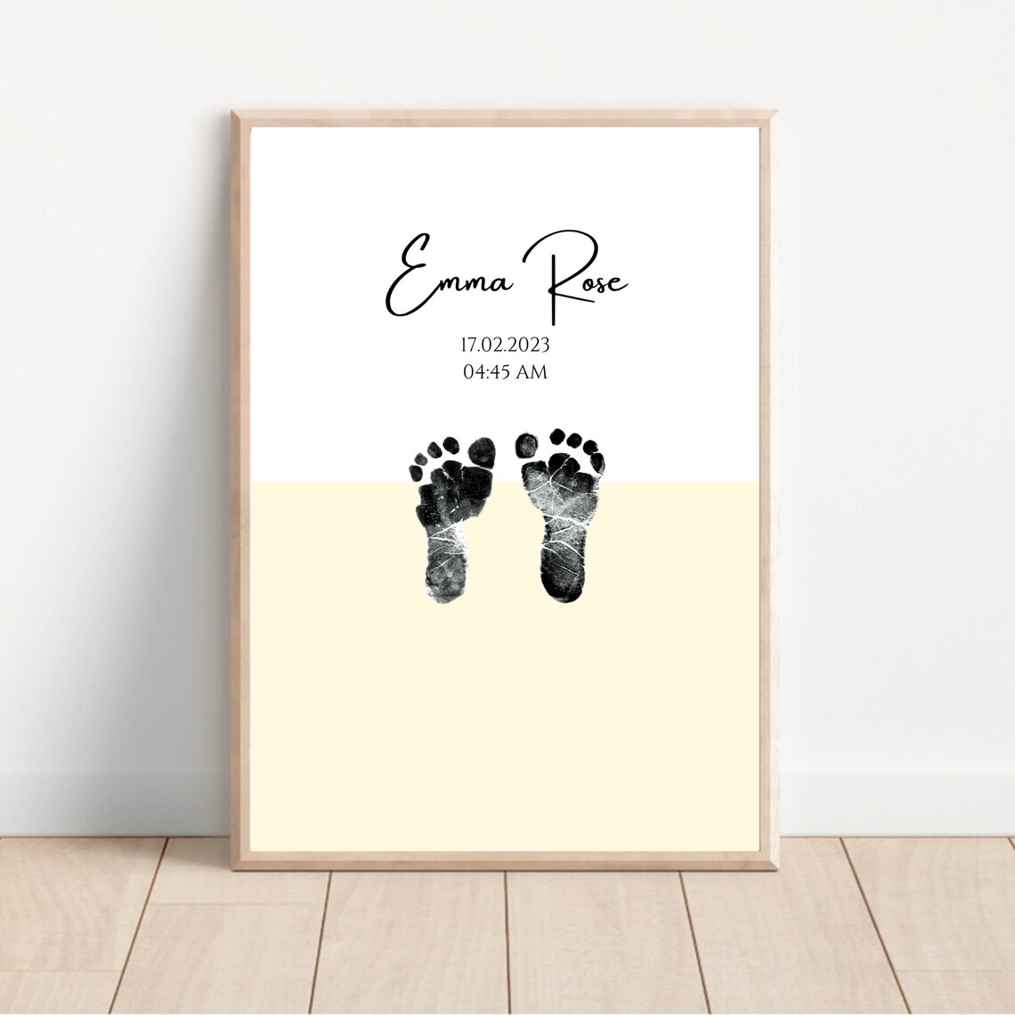 Personalized Minimal Baby Footprint Birth Print Yellow Wall Art
