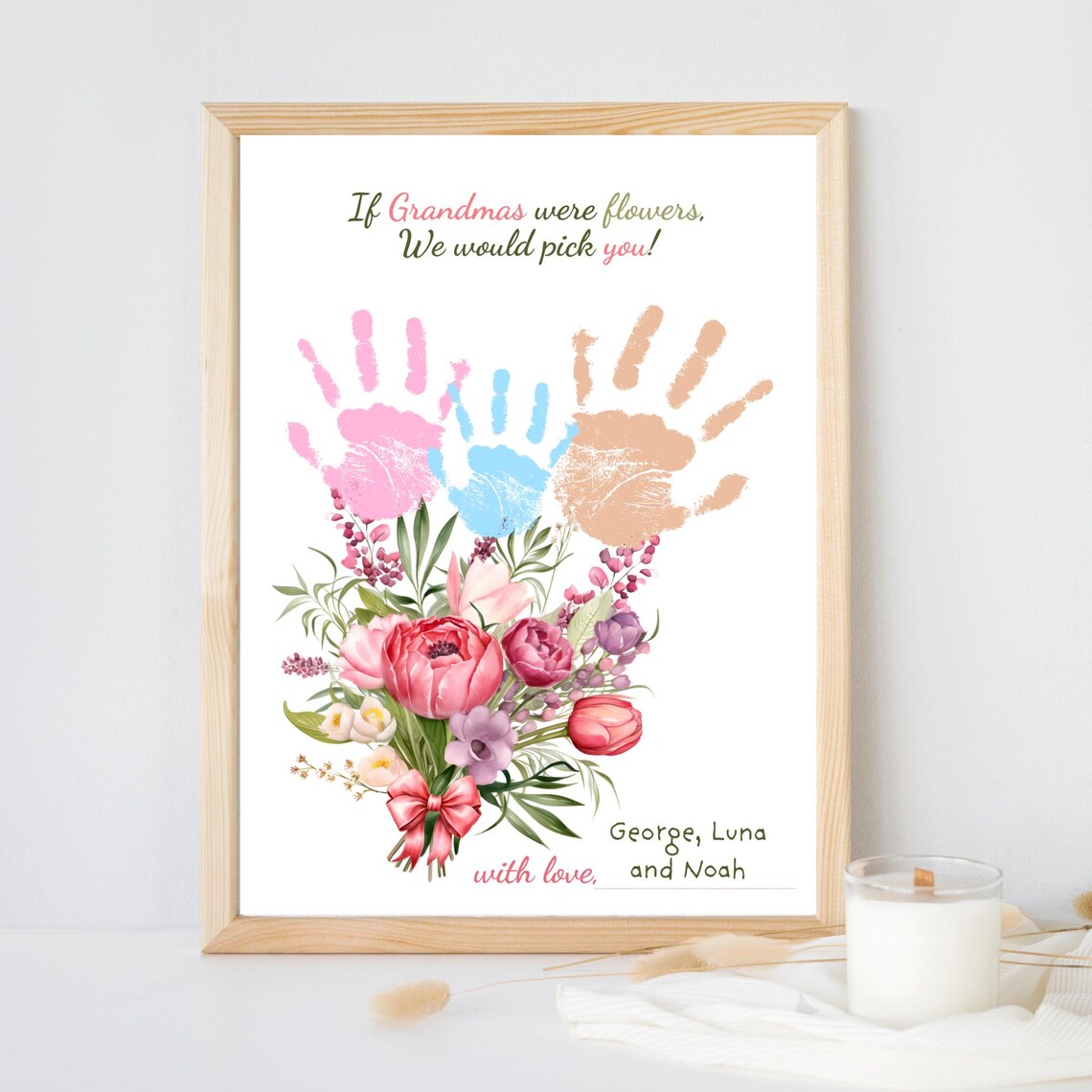 Baby Handprint Grandma Day Peony Bouquet Sibling Keepsake Poster - Image 2