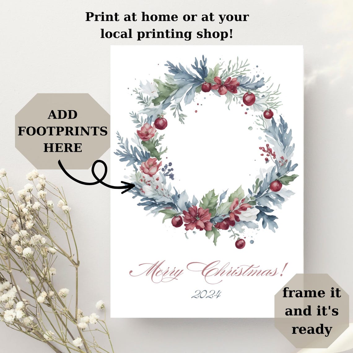 Merry Christmas 2024 Baby Footprint Winter Botanical Wreath Art Poster - Image 3