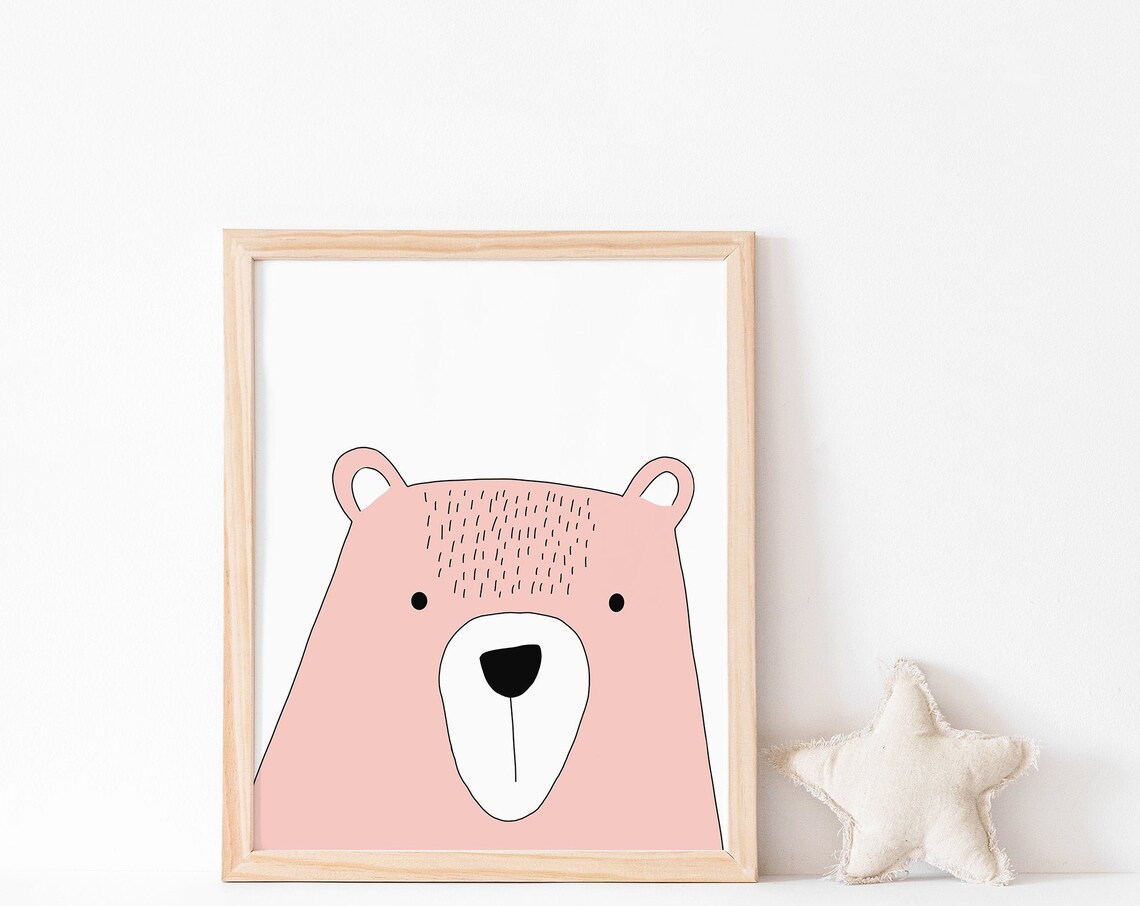 Cute Pink Scandinavian Bear Face Minimalist Girls Nursery Wall Art