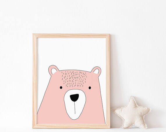 Cute Pink Scandinavian Bear Face Minimalist Girls Nursery Wall Art