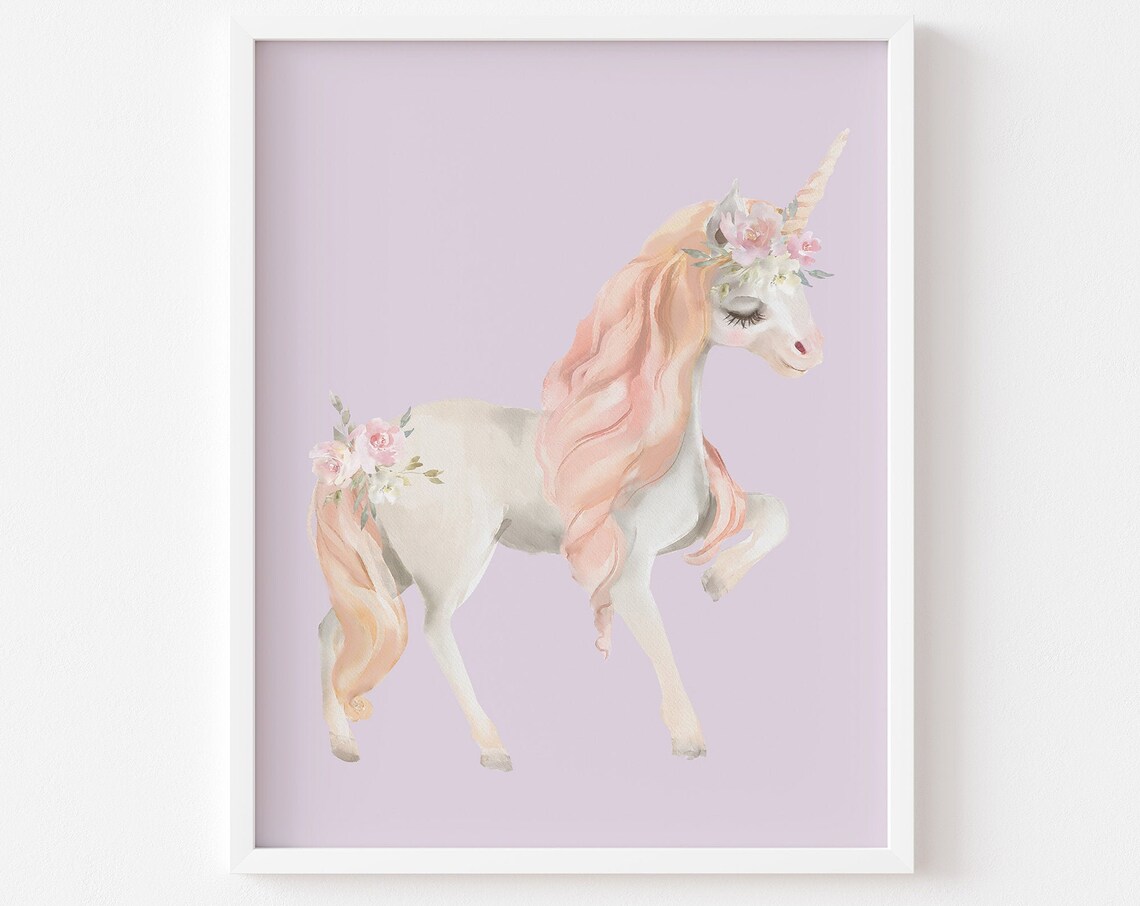 Watercolor Unicorn Peach Mane Floral Crown Purple Girls Room Poster