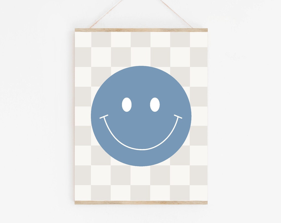 Retro Blue Smiley Face Checkerboard Nursery Kids Room Wall Art