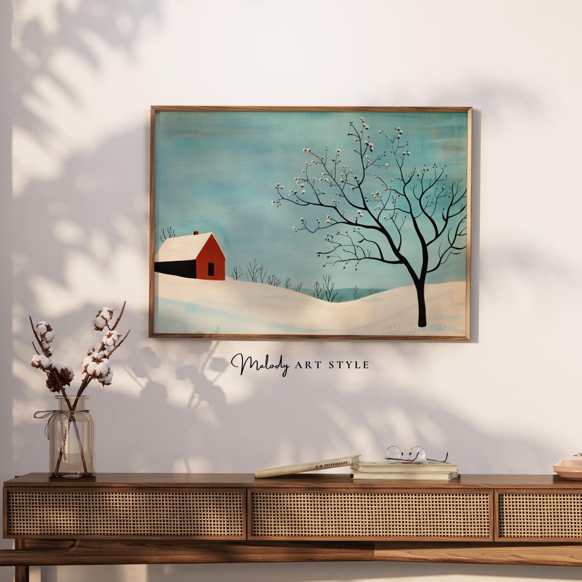 Minimalist Red Barn Snowy Field Bare Tree Folk Art Winter Wall Poster - Image 2