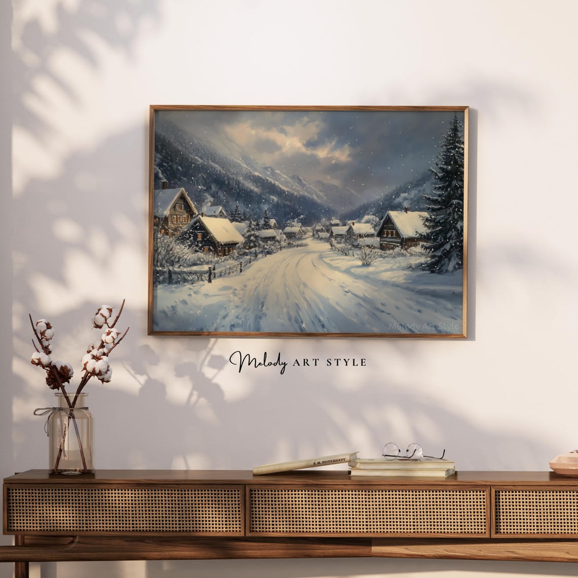 Rustic Winter Village Snowy Road Cabins Mountains Falling Snow Poster - Image 2