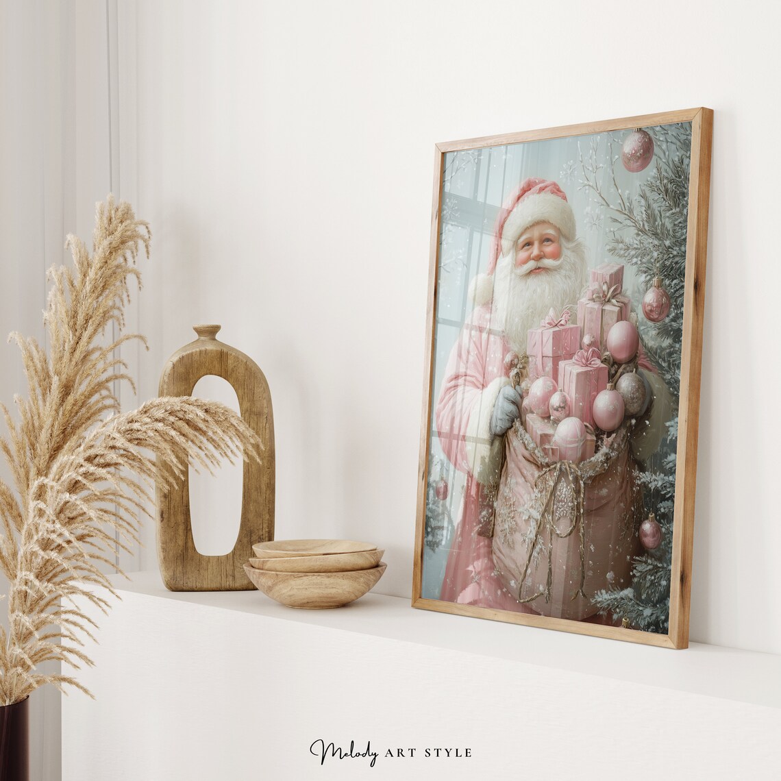 Pink Santa Christmas Oil-Painting-Style Art Print - Image 2