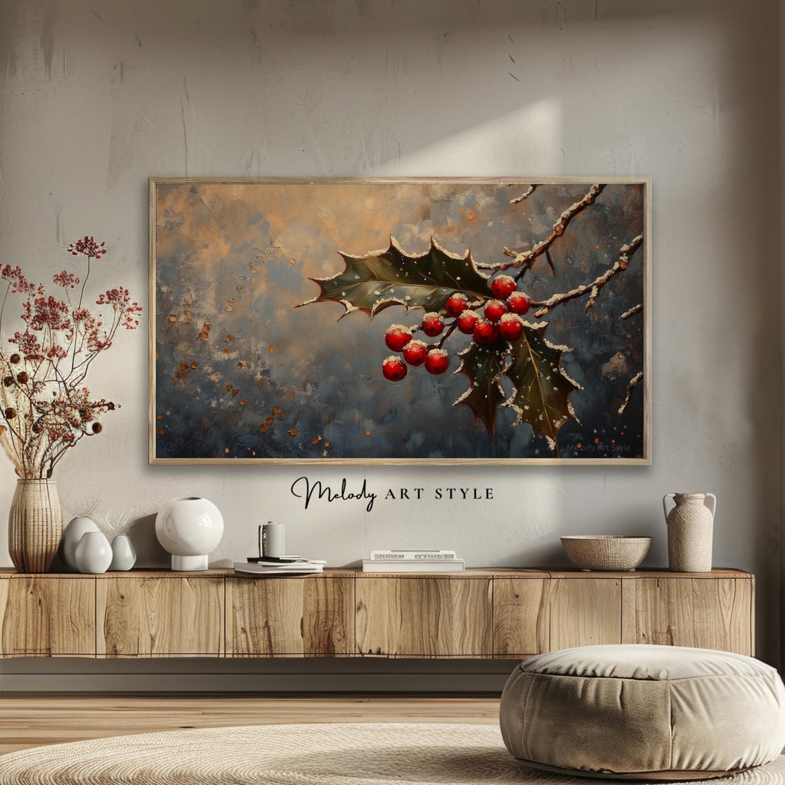 Christmas Holly Branch Frame Tv Art 4k 8k Holiday Snowy Holly Berry Oil Painting Christmas Tree Holiday Decor Screensaver Wallpaper F123 - Image 2