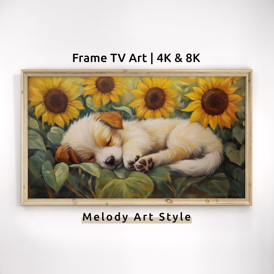 Sleeping Golden Puppy Resting In Sunflower Field Pet Art Poster