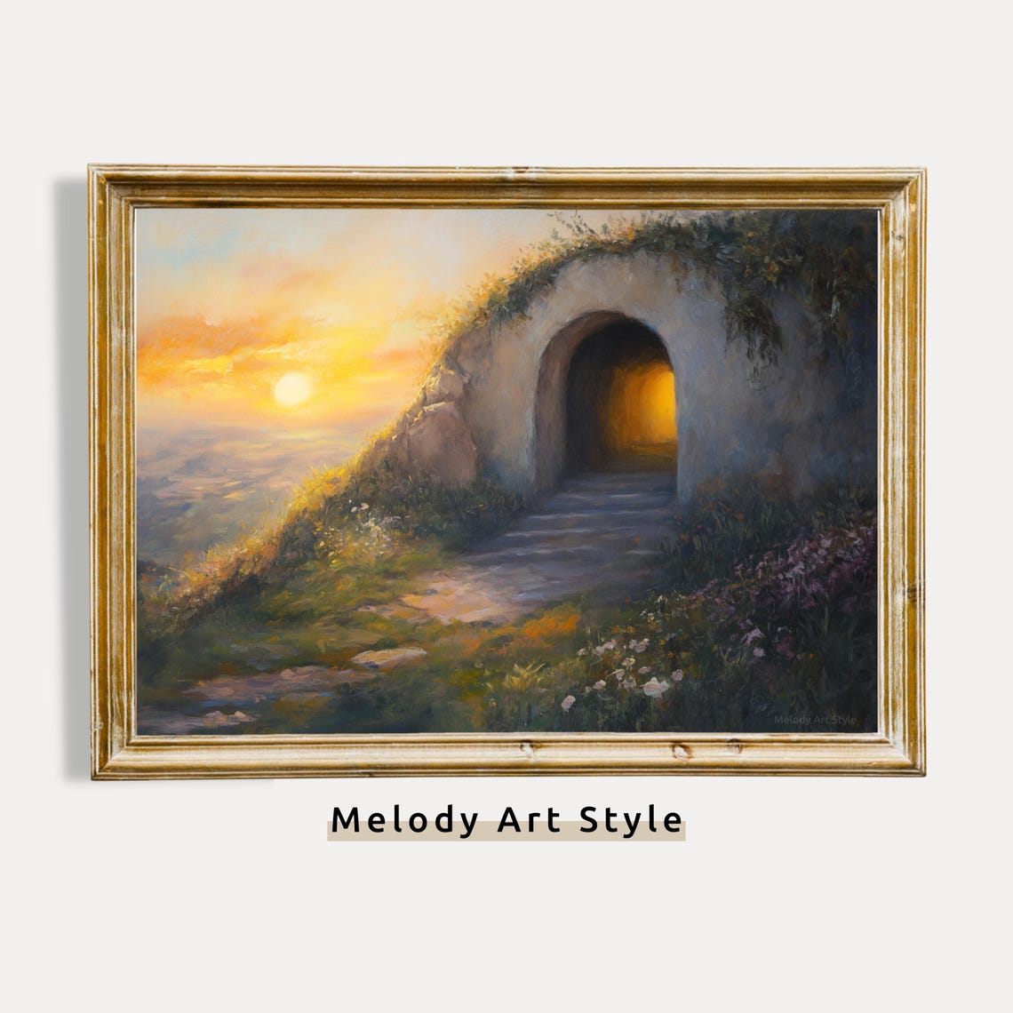 He Is Risen Empty Tomb at Sunrise Christian Easter Painting Poster