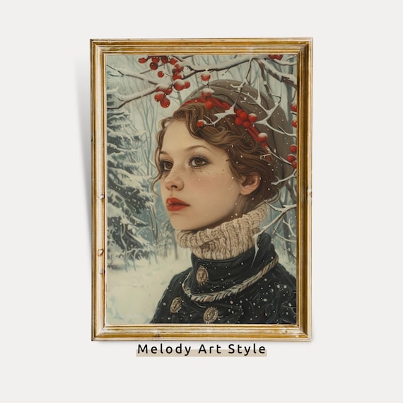 Elegant Woman In Snowy Forest Wall Art Portrait Oil Painting Vintage Snowscape Victorian Lady Winter Decor P106