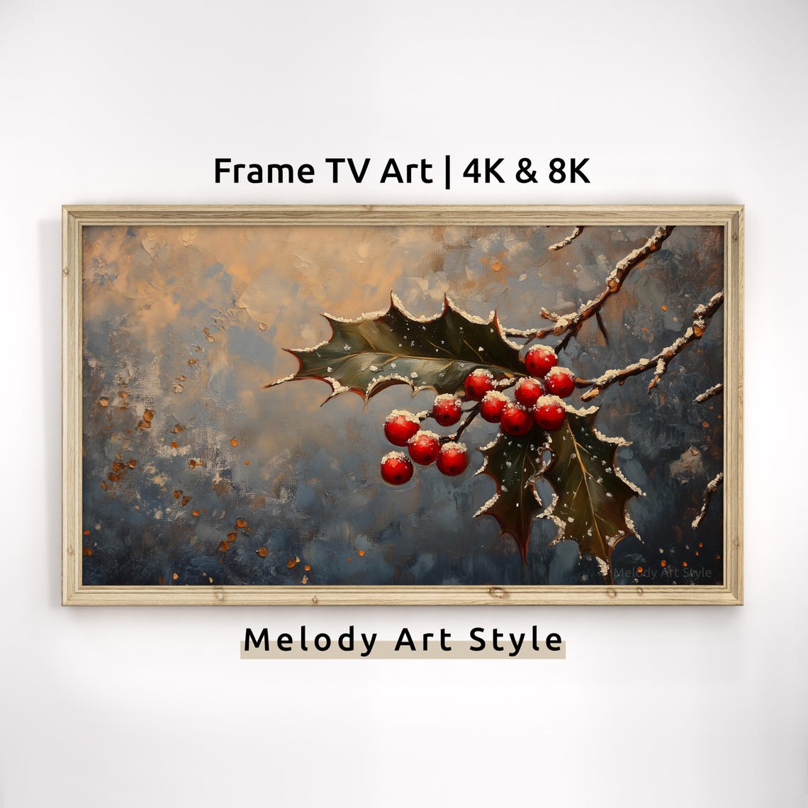 Christmas Holly Branch Frame Tv Art 4k 8k Holiday Snowy Holly Berry Oil Painting Christmas Tree Holiday Decor Screensaver Wallpaper F123