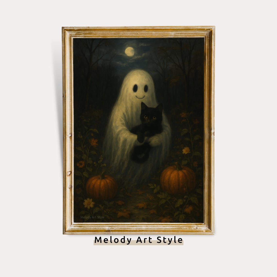 Halloween Holding Cat Print Autumn Pumpkin Forest Art Moody Dark Academia Decor Spooky Cute Wall P641