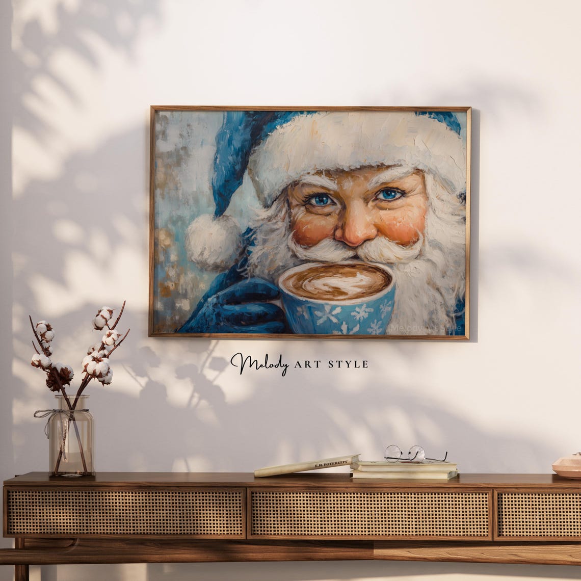 Santa Claus Sipping Hot Cocoa Blue Snowflake Mug Winter Art Poster - Image 2