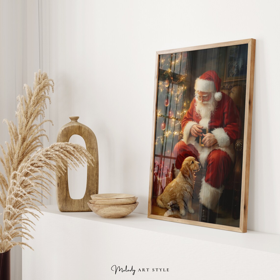 Santa Claus and Golden Retriever, Vintage Christmas Art Print - Image 2