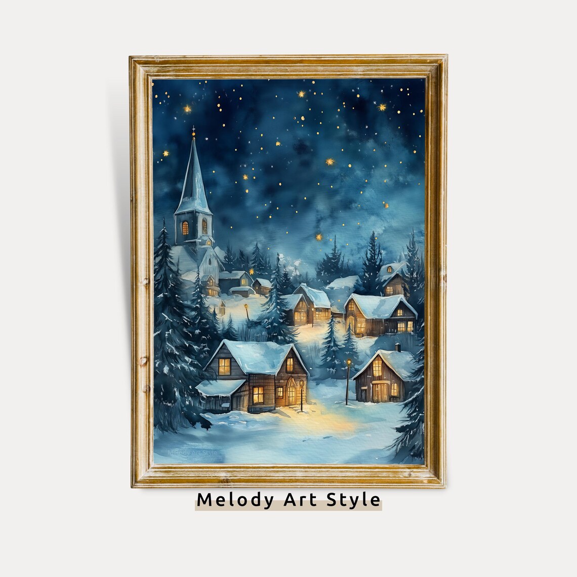 Blue Gold Snowy Christmas Village Night Church Starry Sky Art Poster