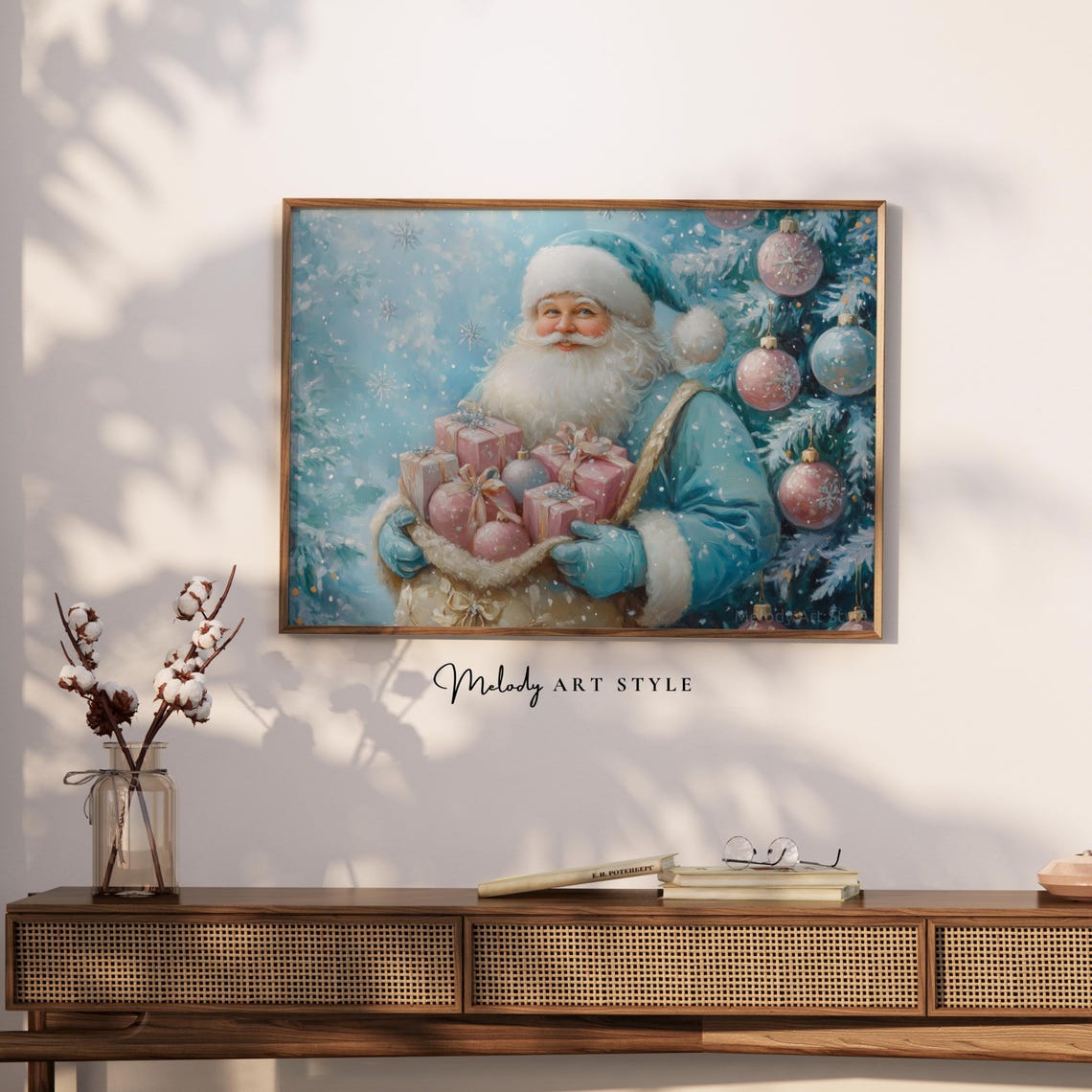 Blue Santa Claus With Gifts Wall Art Festive Christmas Oil Painting Holiday Winter Print Novy God P297 - Image 2