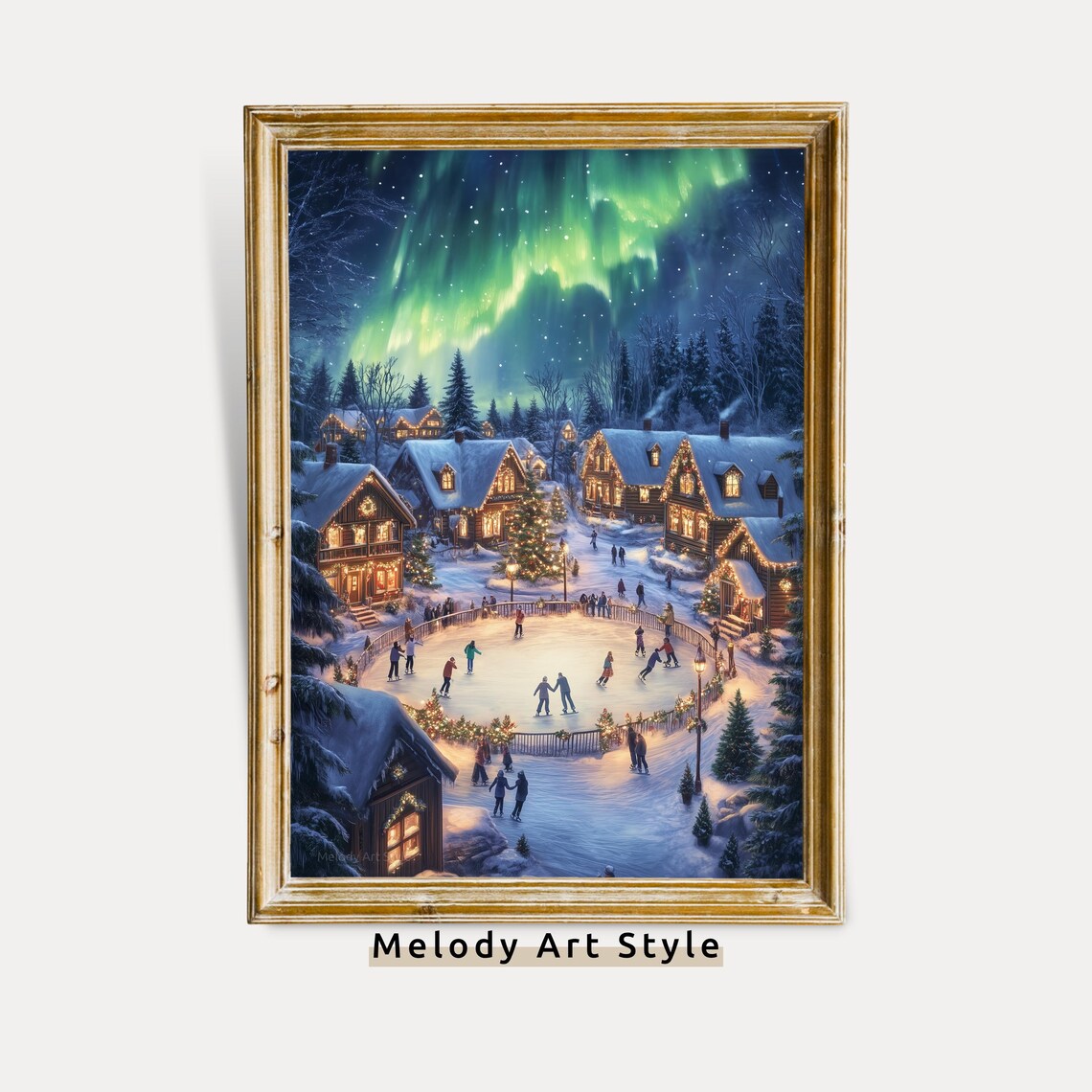 Northern Lights Christmas Village Poster, Ice Skating Rink
