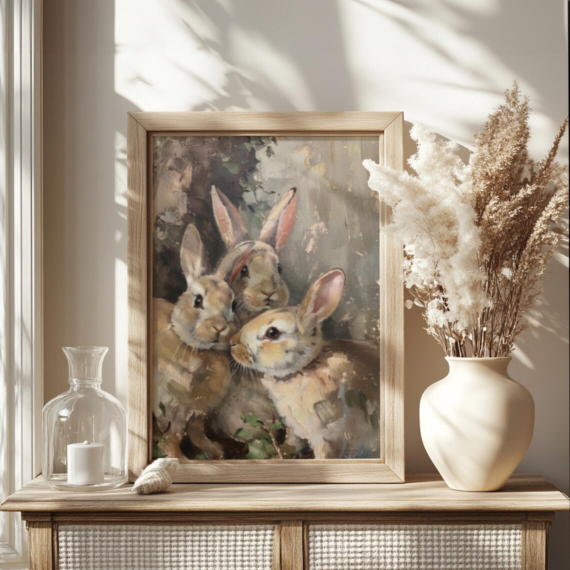 Trio Of Brown Rabbits Vintage Oil Painting Antique Bunny Art Poster - Image 2