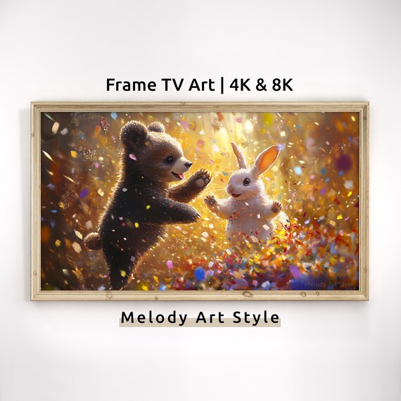 Bear And Bunny Party High Five Confetti Cute Animal Friends Art Poster