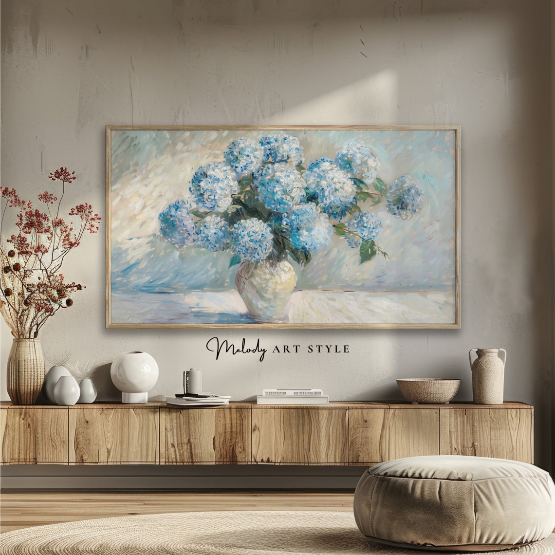 Blue Hydrangea Vase Impressionist Oil Painting Floral Wall Poster - Image 2