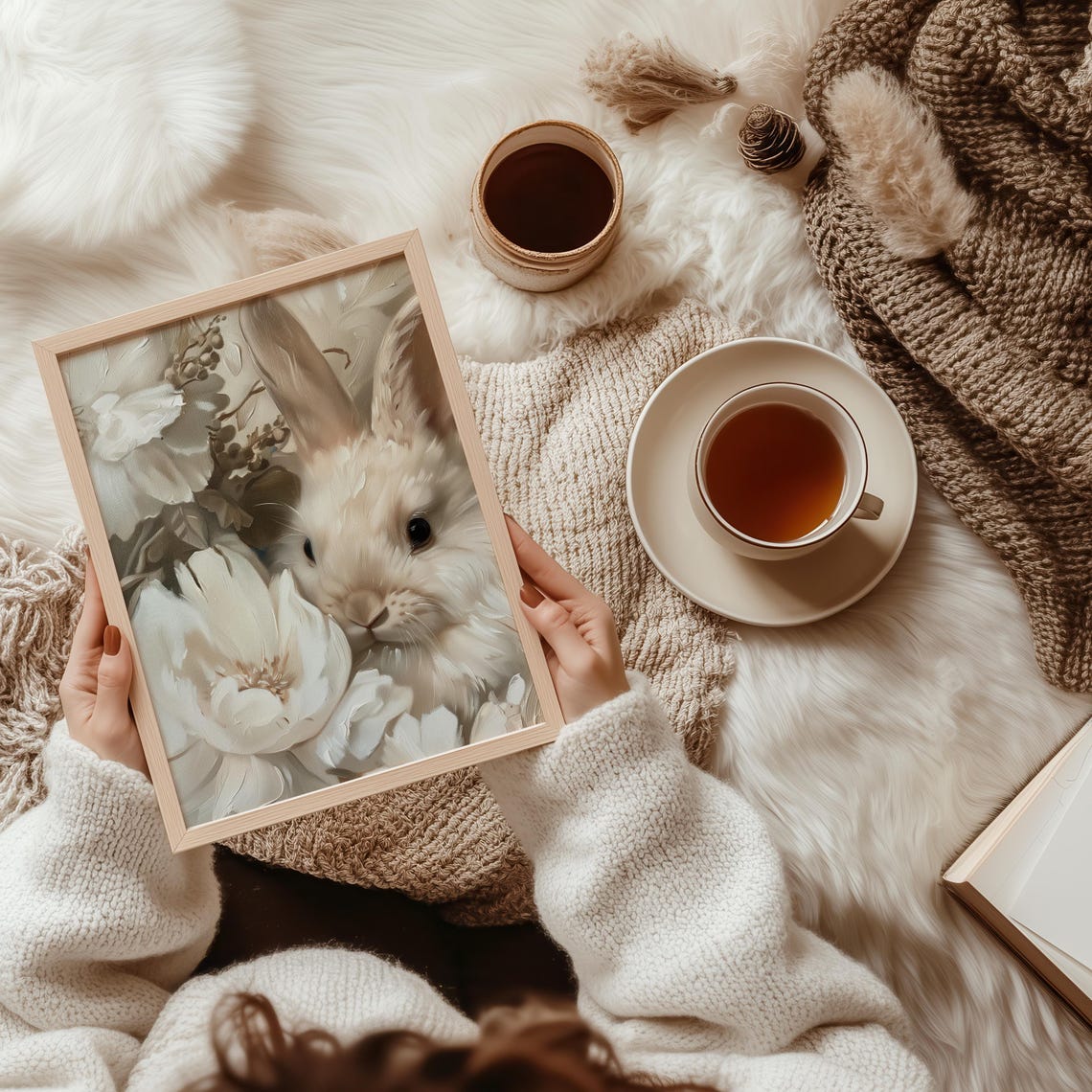 White Bunny Peeking Through White Flowers Neutral Nursery Art Poster - Image 2