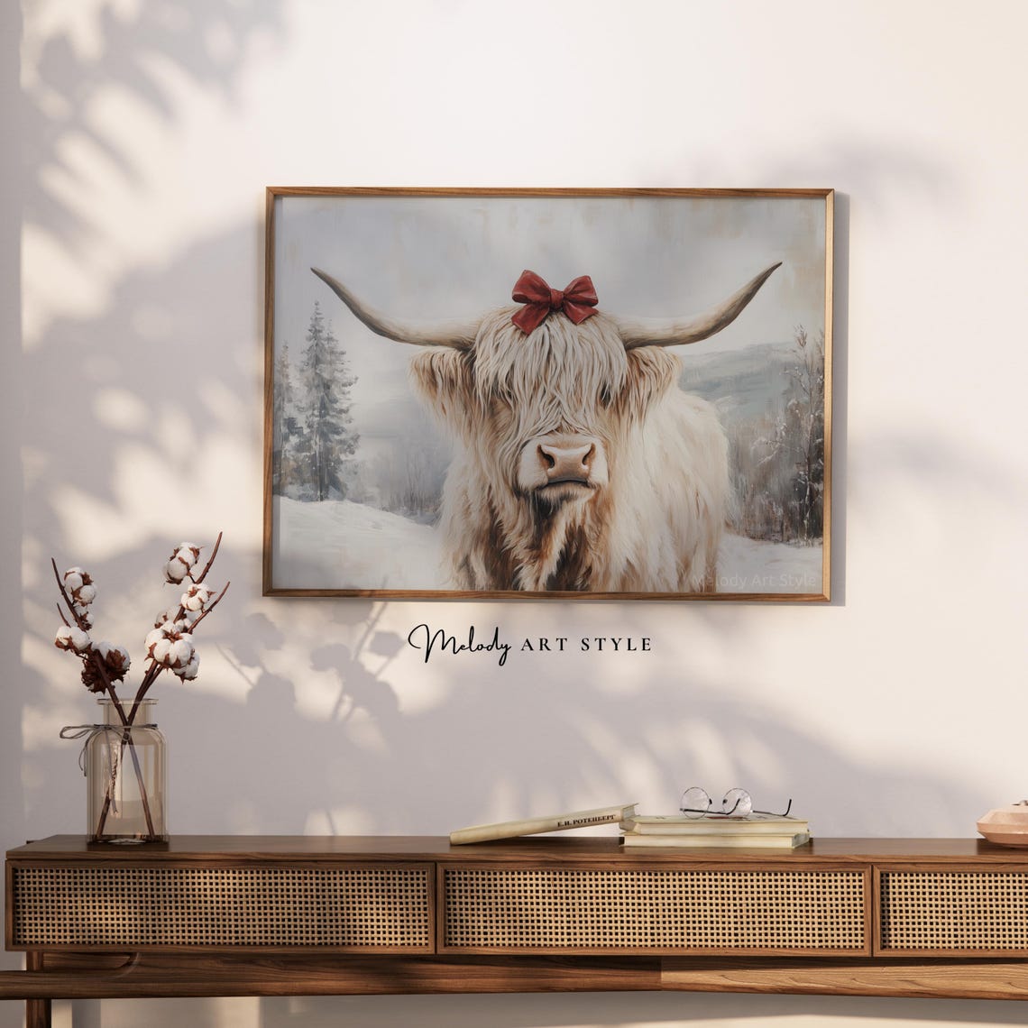 Highland Cow With Red Bow In Winter Snow Animal Portrait Poster - Image 2