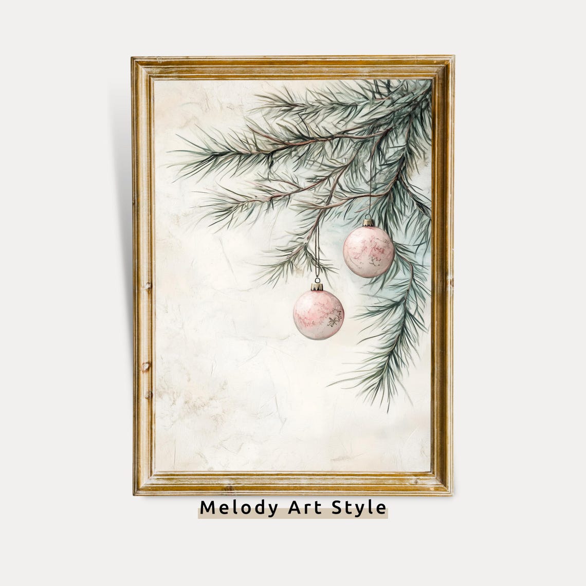 Minimalist Pine Branch Two Pink Baubles Winter Vintage Poster