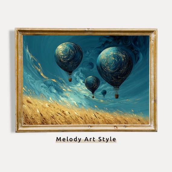 Hot Air Balloon Wall Art Golden Field And Swirling Sky Gold Blue Fantasy Landscape Bold Retro P587