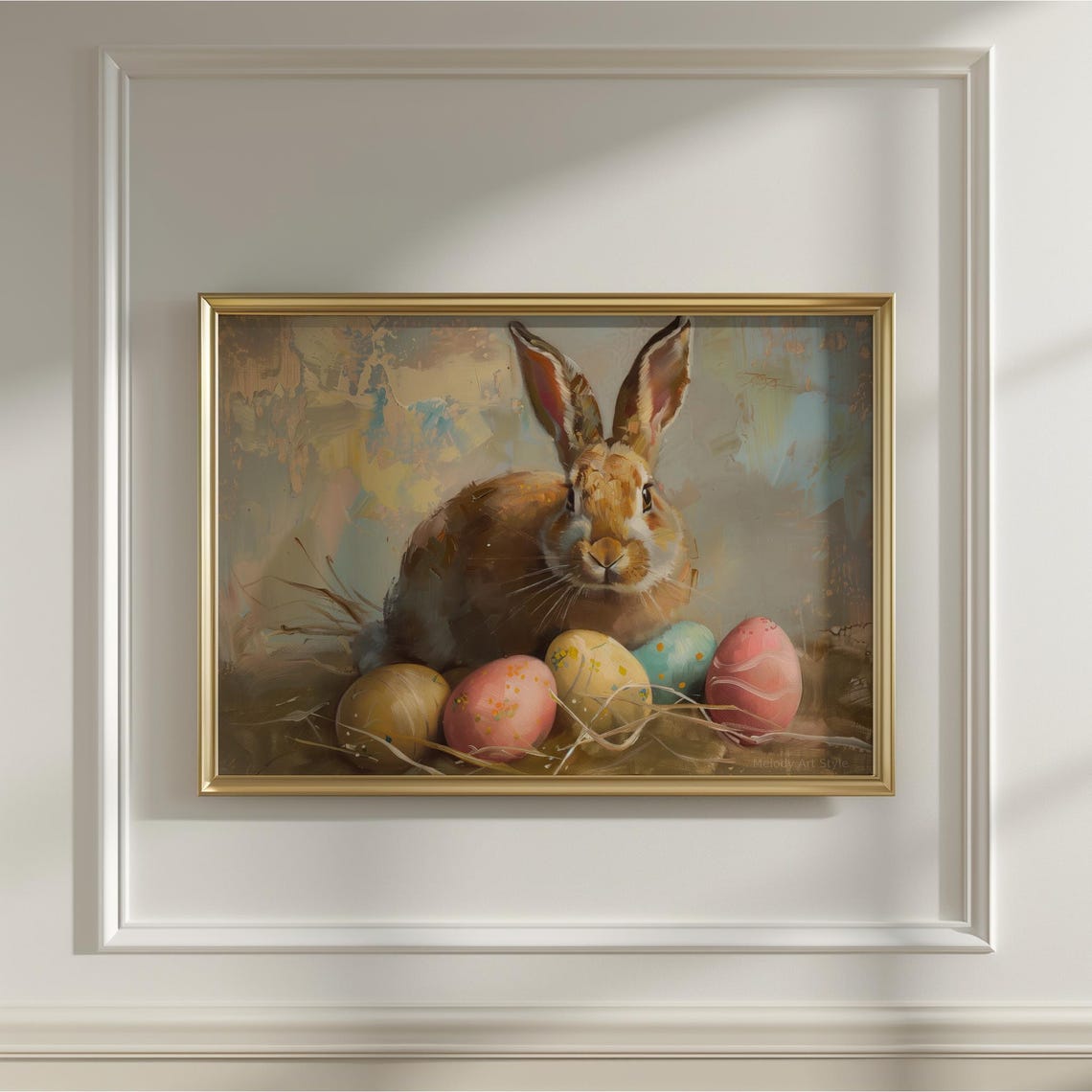 Vintage Easter Bunny Wall Art Oil Painting Spring Painting Farmhouse Colourful Easter Egg Poster Decor P34 - Image 2