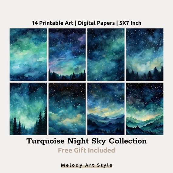 Turquoise Night Sky Art Watercolor Purple Night Sky Landscape Paper Junk Journal Scrapbook D121