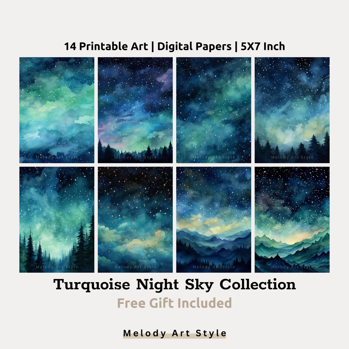 Turquoise Night Sky Watercolor Collection Starry Night Art Print Set