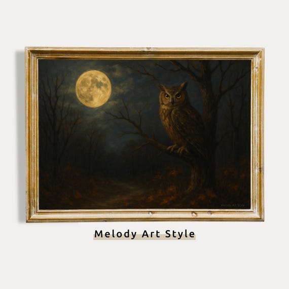 Golden Owl Painting In Dark Forest Wall Art Full Moon Gothic Decor Moody Halloween Fall P635