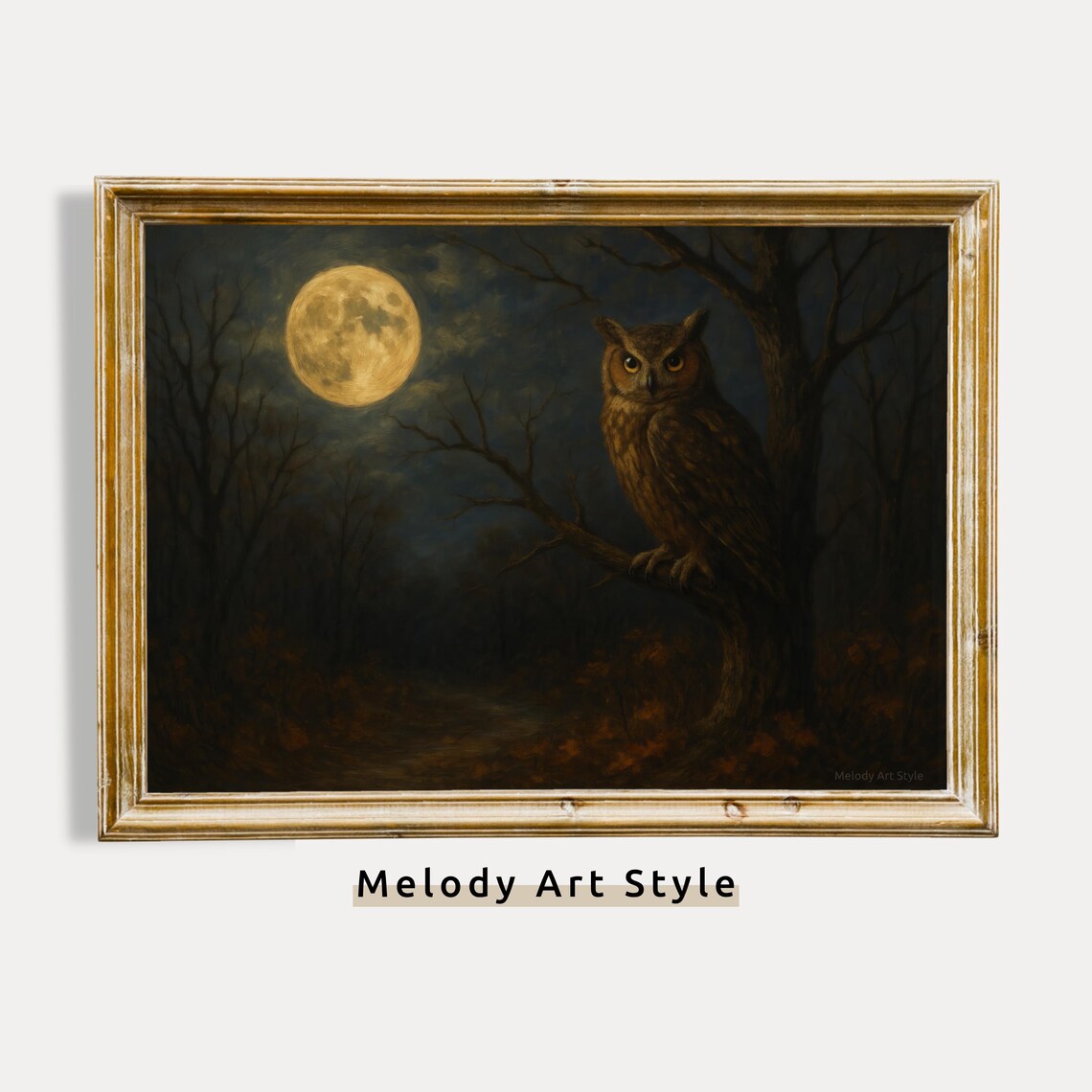 Golden Owl In Moonlit Forest Painting Moody Gothic Full Moon Wall Art