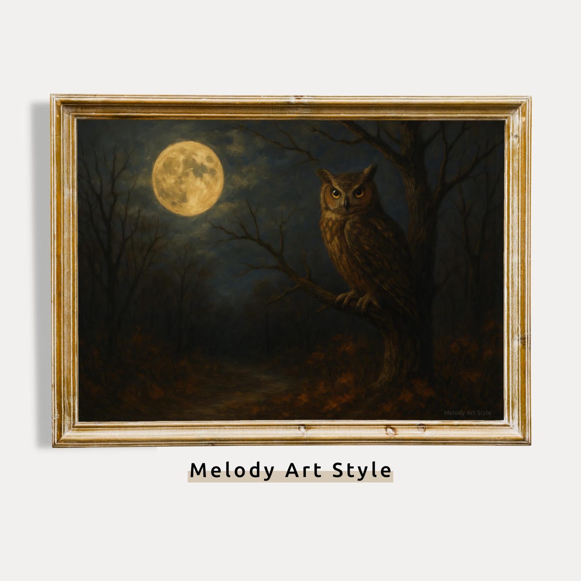 Golden Owl Painting In Dark Forest Wall Art Full Moon Gothic Decor Moody Halloween Fall P635