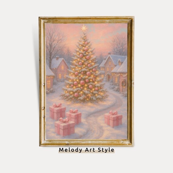 Pink Christmas Tree Village with Gifts Snowy Winter Wonderland Poster