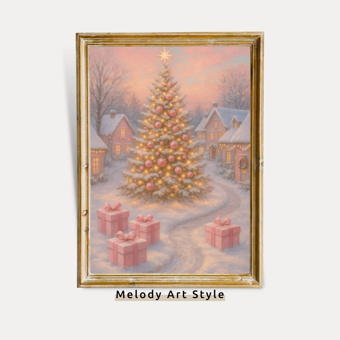 Pink Christmas Tree Village with Gifts Snowy Winter Wonderland Poster