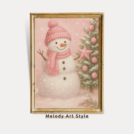Smiling Pink Snowman with Starry Christmas Tree Holiday Scene Poster