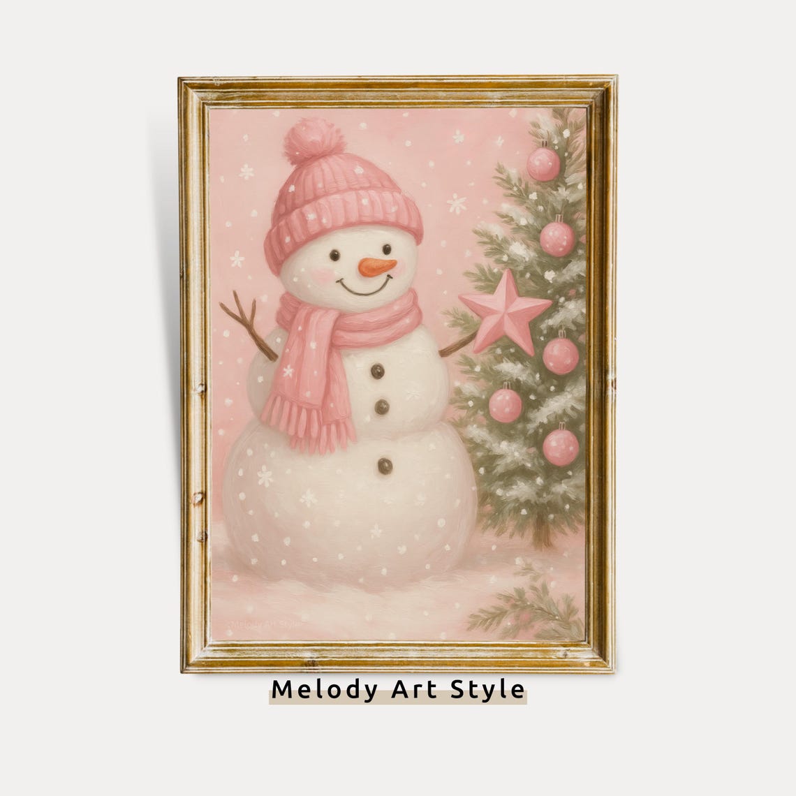Smiling Pink Snowman with Starry Christmas Tree Holiday Scene Poster